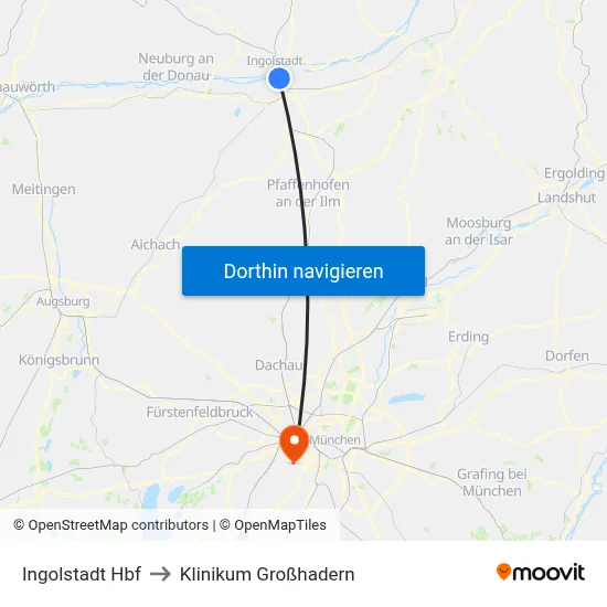 Ingolstadt Hbf to Klinikum Großhadern map