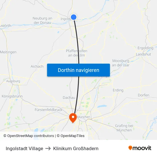 Ingolstadt Village to Klinikum Großhadern map