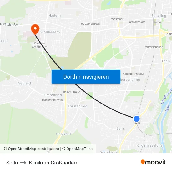 Solln to Klinikum Großhadern map