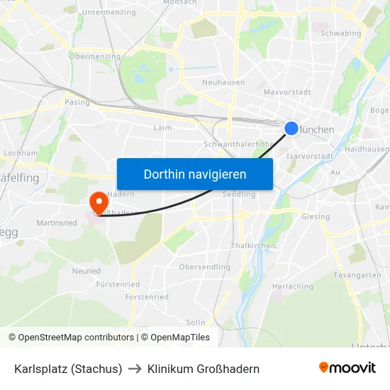 Karlsplatz (Stachus) to Klinikum Großhadern map