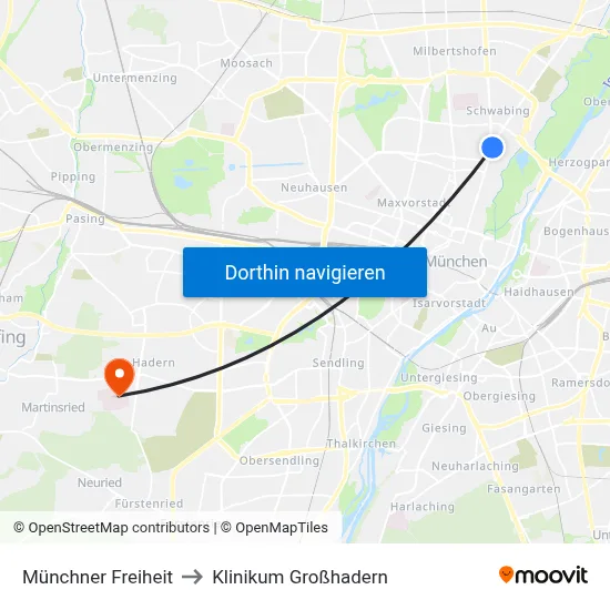 Münchner Freiheit to Klinikum Großhadern map