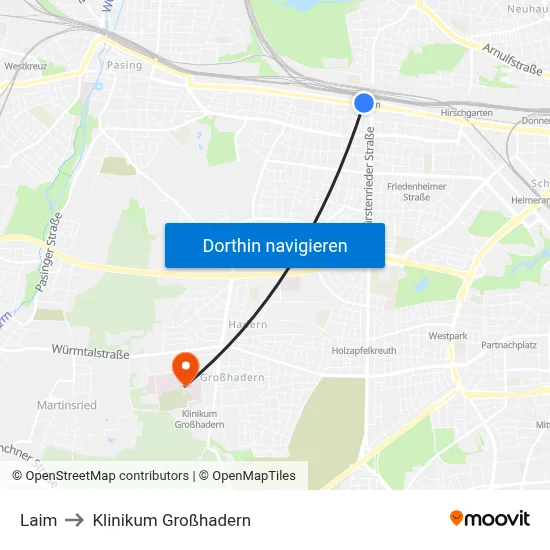 Laim to Klinikum Großhadern map