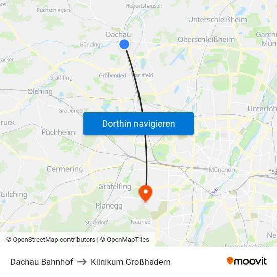 Dachau Bahnhof to Klinikum Großhadern map