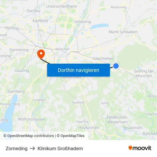 Zorneding to Klinikum Großhadern map