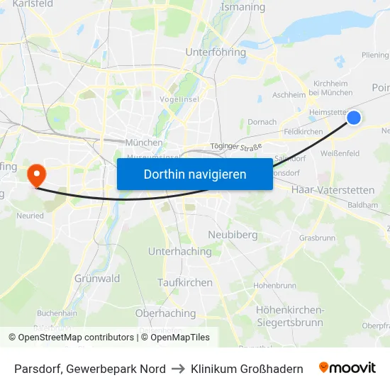 Parsdorf, Gewerbepark Nord to Klinikum Großhadern map