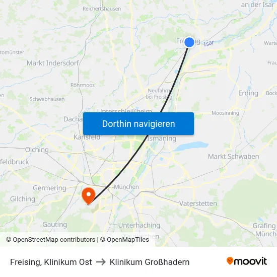 Freising, Klinikum Ost to Klinikum Großhadern map