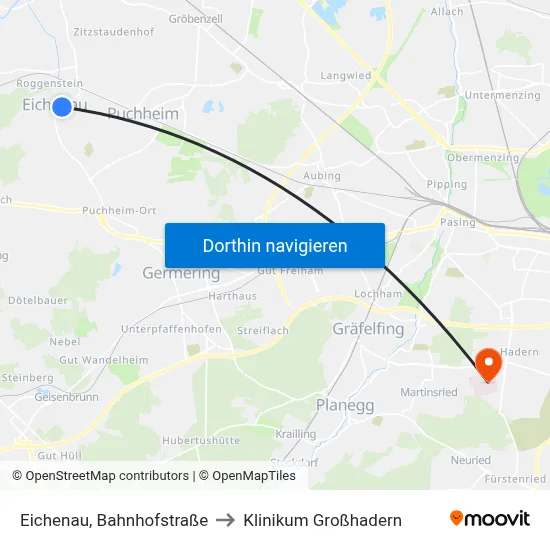 Eichenau, Bahnhofstraße to Klinikum Großhadern map