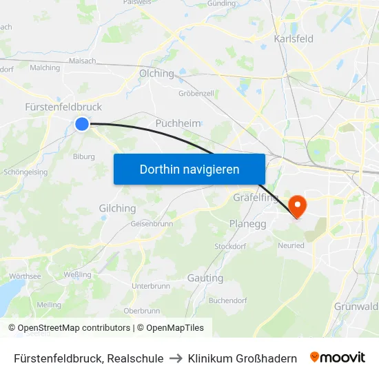 Fürstenfeldbruck, Realschule to Klinikum Großhadern map