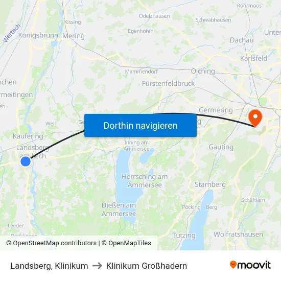 Landsberg, Klinikum to Klinikum Großhadern map