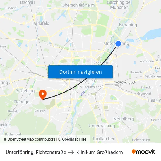 Unterföhring, Fichtenstraße to Klinikum Großhadern map