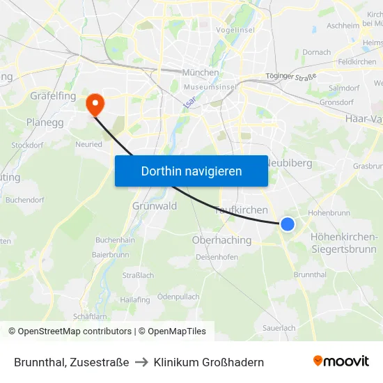 Brunnthal, Zusestraße to Klinikum Großhadern map