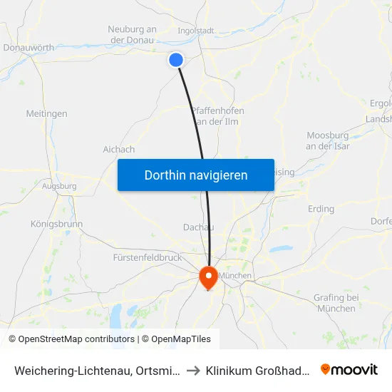 Weichering-Lichtenau, Ortsmitte to Klinikum Großhadern map