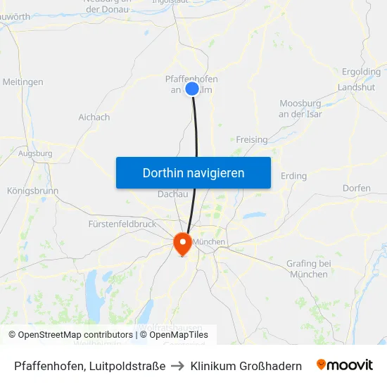 Pfaffenhofen, Luitpoldstraße to Klinikum Großhadern map