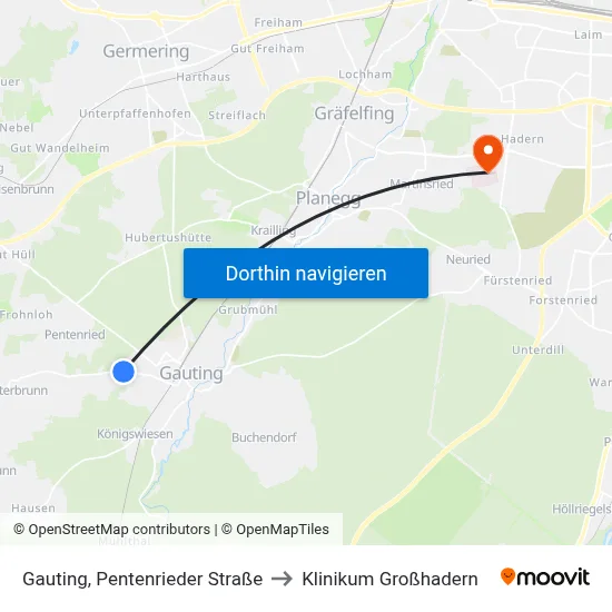 Gauting, Pentenrieder Straße to Klinikum Großhadern map