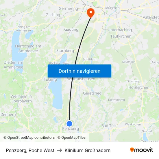 Penzberg, Roche West to Klinikum Großhadern map