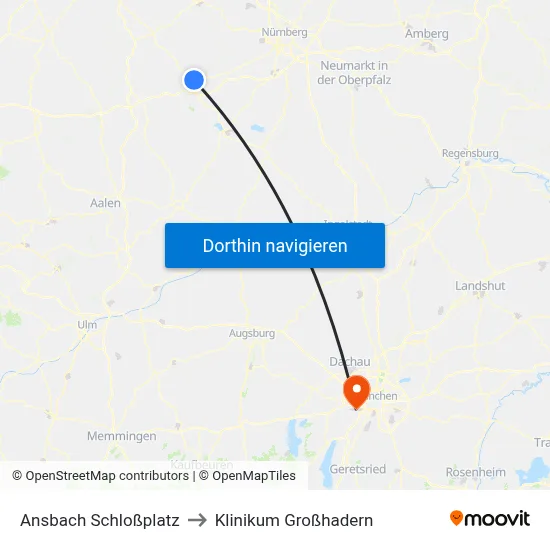 Ansbach Schloßplatz to Klinikum Großhadern map