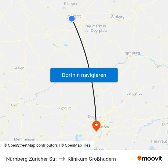 Nürnberg Züricher Str. to Klinikum Großhadern map