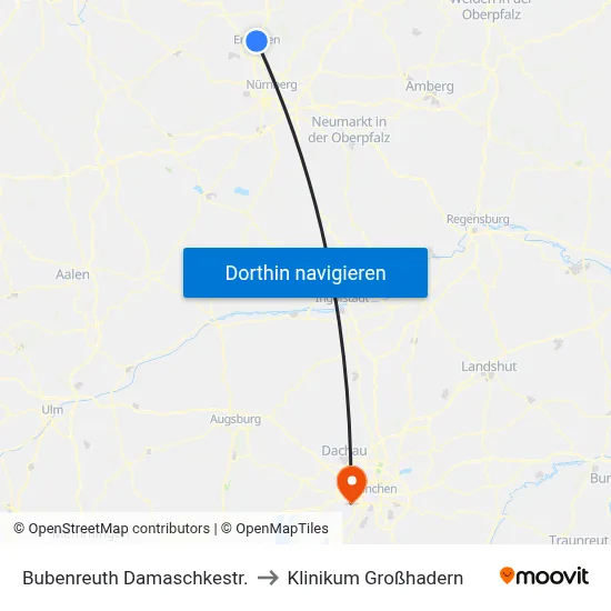 Bubenreuth Damaschkestr. to Klinikum Großhadern map