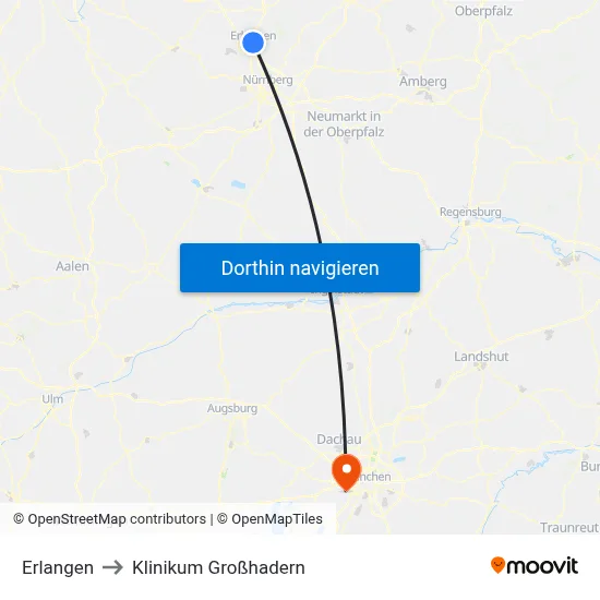 Erlangen to Klinikum Großhadern map