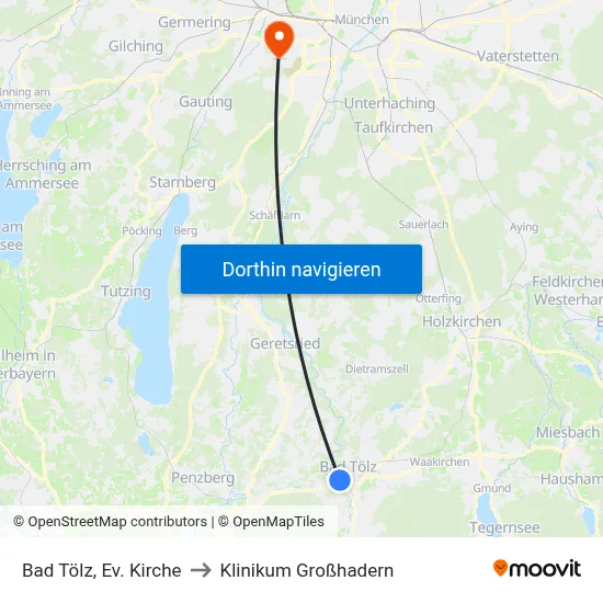 Bad Tölz, Ev. Kirche to Klinikum Großhadern map