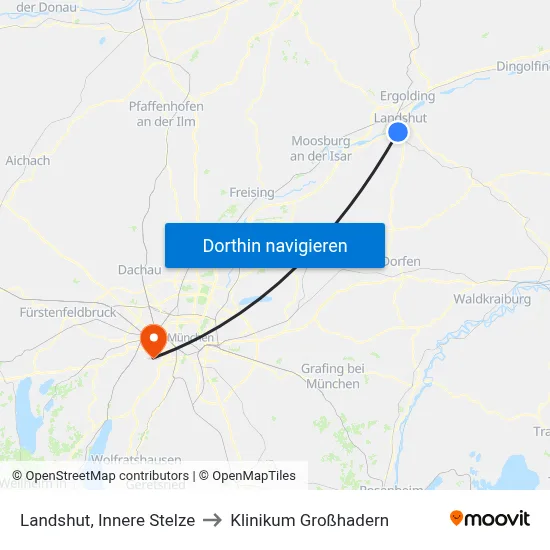 Landshut, Innere Stelze to Klinikum Großhadern map