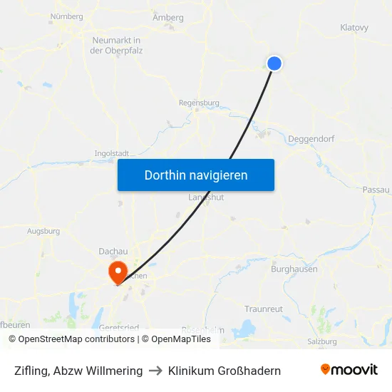 Zifling, Abzw Willmering to Klinikum Großhadern map