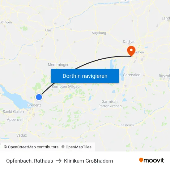 Opfenbach, Rathaus to Klinikum Großhadern map