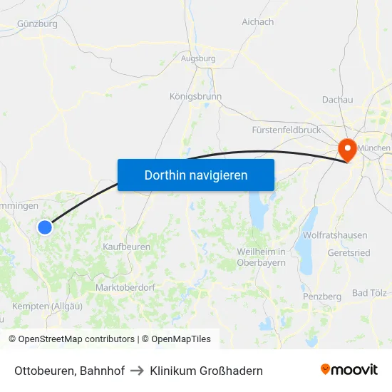 Ottobeuren, Bahnhof to Klinikum Großhadern map