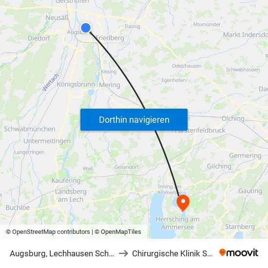 Augsburg, Lechhausen Schlößle E to Chirurgische Klinik Seefeld map