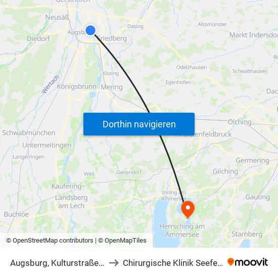 Augsburg, Kulturstraße B to Chirurgische Klinik Seefeld map