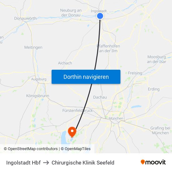 Ingolstadt Hbf to Chirurgische Klinik Seefeld map