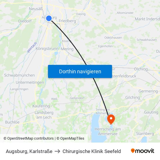 Augsburg, Karlstraße to Chirurgische Klinik Seefeld map