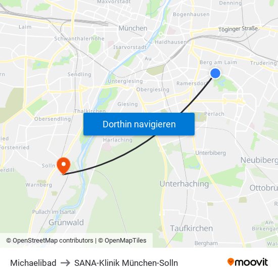 Michaelibad to SANA-Klinik München-Solln map