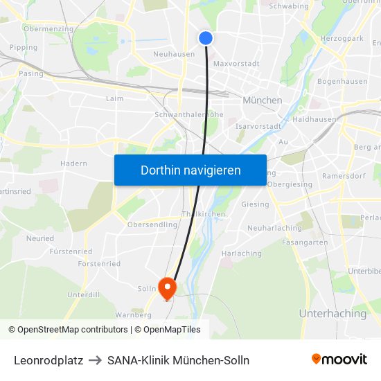 Leonrodplatz to SANA-Klinik München-Solln map