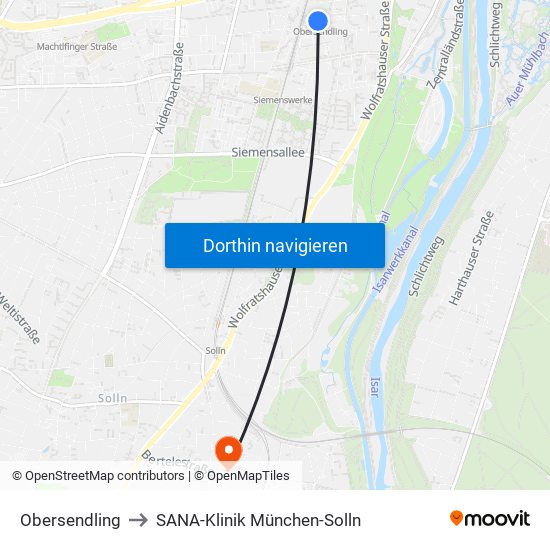 Obersendling to SANA-Klinik München-Solln map