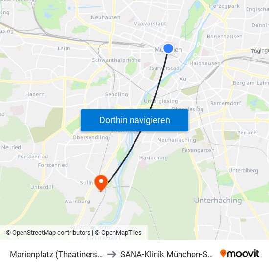 Marienplatz (Theatinerstr.) to SANA-Klinik München-Solln map