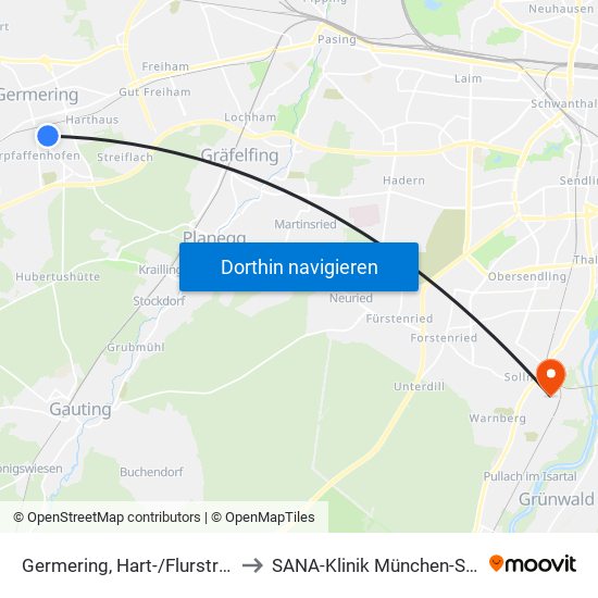 Germering, Hart-/Flurstraße to SANA-Klinik München-Solln map