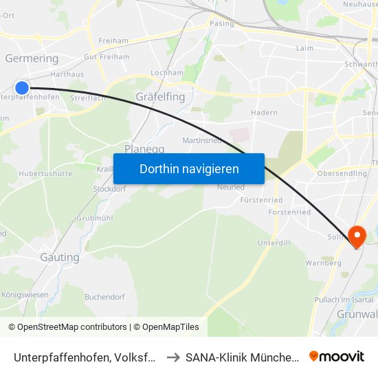 Unterpfaffenhofen, Volksfestplatz to SANA-Klinik München-Solln map