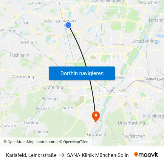 Karlsfeld, Leinorstraße to SANA-Klinik München-Solln map