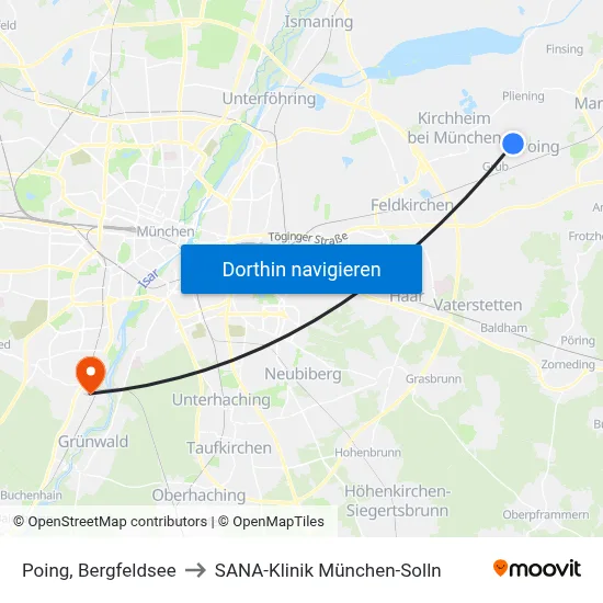 Poing, Bergfeldsee to SANA-Klinik München-Solln map