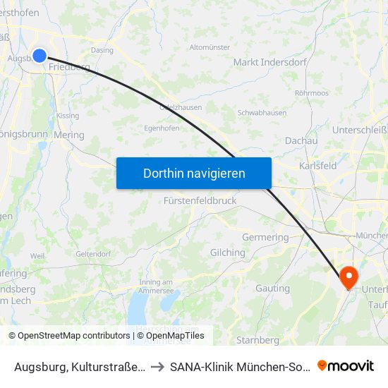 Augsburg, Kulturstraße B to SANA-Klinik München-Solln map