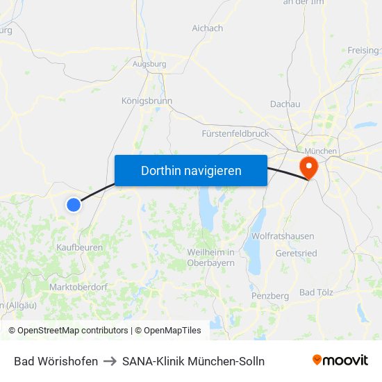 Bad Wörishofen to SANA-Klinik München-Solln map