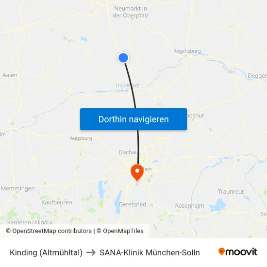 Kinding (Altmühltal) to SANA-Klinik München-Solln map