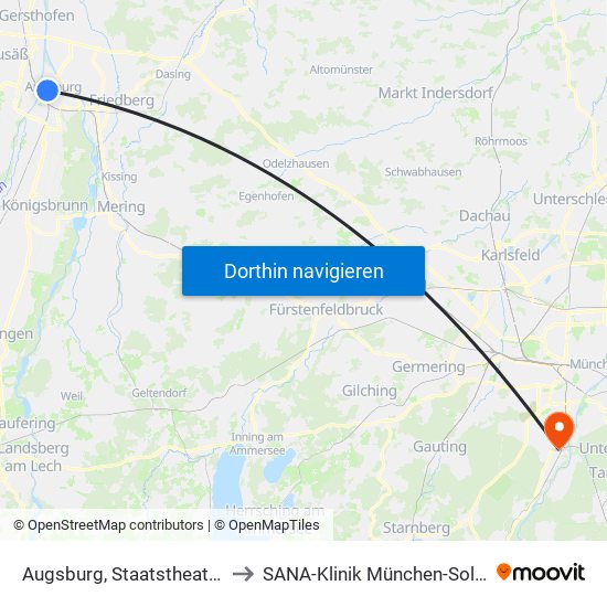 Augsburg, Staatstheater to SANA-Klinik München-Solln map