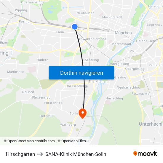 Hirschgarten to SANA-Klinik München-Solln map