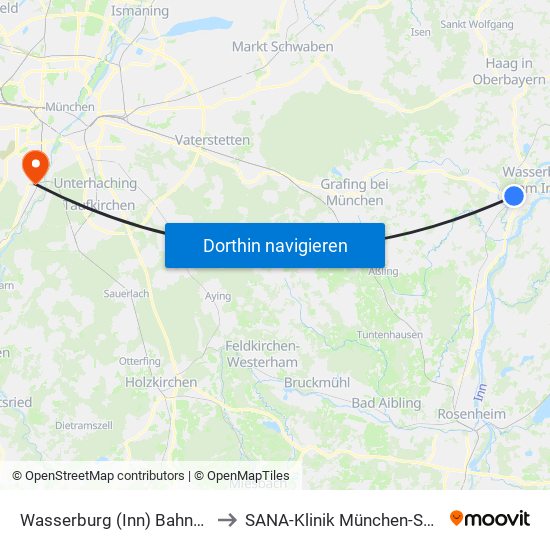 Wasserburg (Inn) Bahnhof to SANA-Klinik München-Solln map