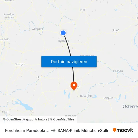Forchheim Paradeplatz to SANA-Klinik München-Solln map