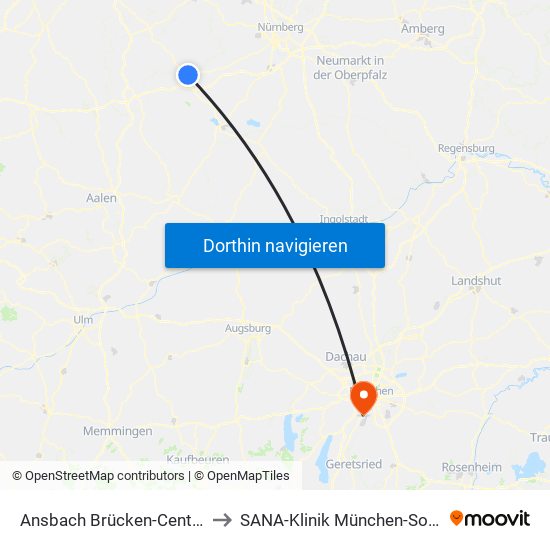 Ansbach Brücken-Center to SANA-Klinik München-Solln map