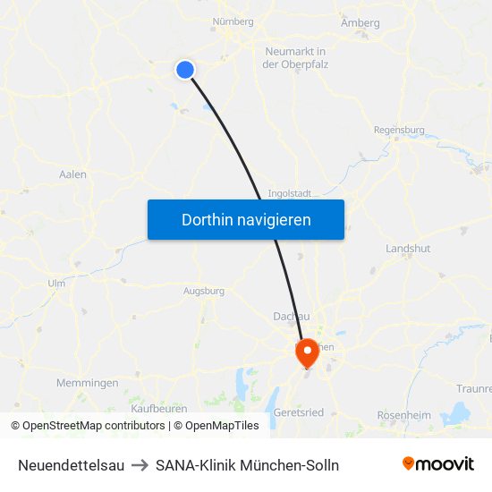 Neuendettelsau to SANA-Klinik München-Solln map