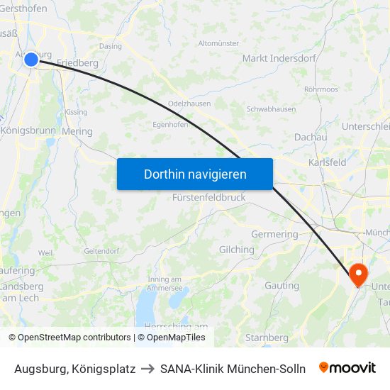 Augsburg, Königsplatz to SANA-Klinik München-Solln map